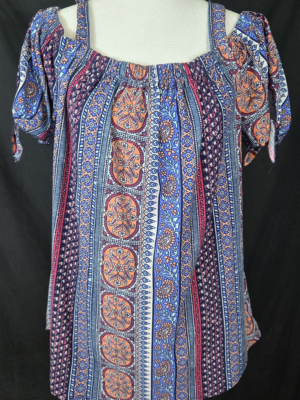 Bobby Brooks Boho Printed Cold-Shoulder Top in Blue & Orange#703